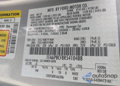 2024 Ford Mustang Gt Premium Fastback из США, поврежденный, VIN 1FA6P8CF8R5410488